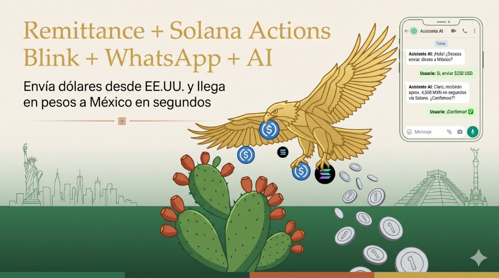 Águila dorada sobre nopal — remesa del norte a México con Solana, WhatsApp e IA